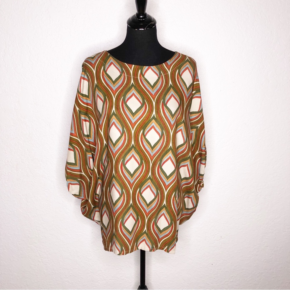 Bryn Walker brown cream red geometric print top size XXS